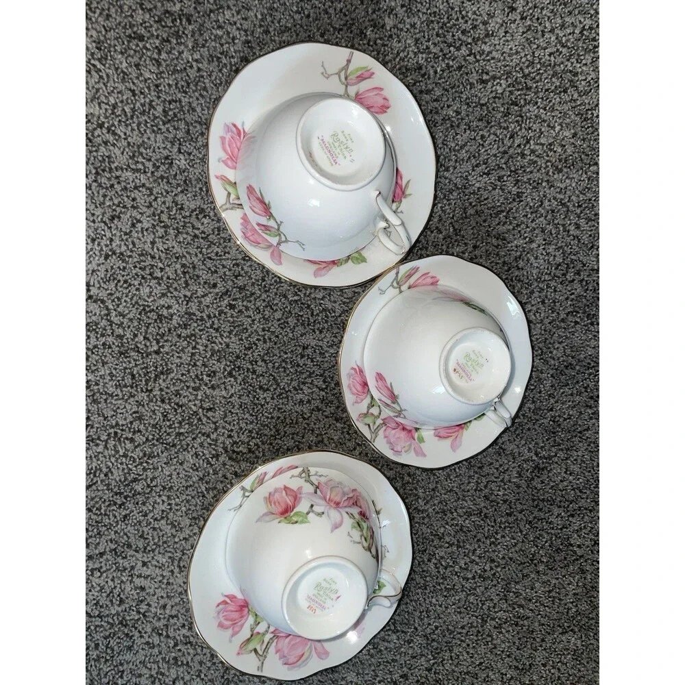 Set of 3 Roslyn China Magnolia Teacup Saucer Sets Pink Floral Gold Trim England